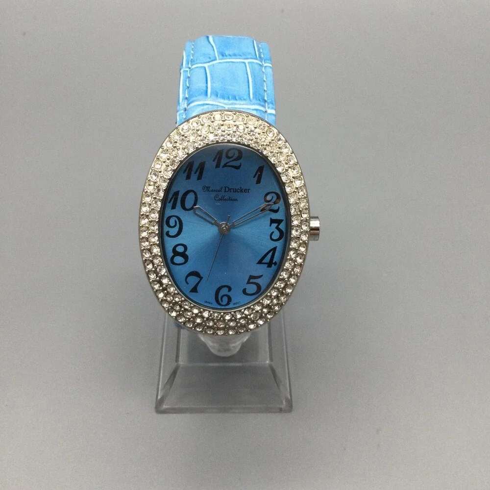 Manuel Drucker Womens Watch 33mm Blue Dial Crystals Leather 22-903 New Battery